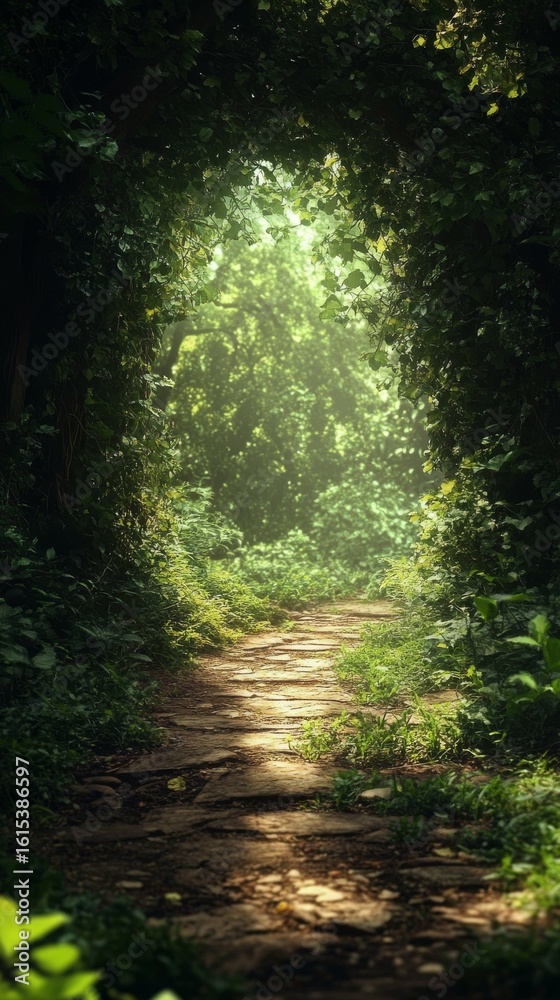 Fototapeta premium Walking Stone Path Through Lush Forest with Sunlight