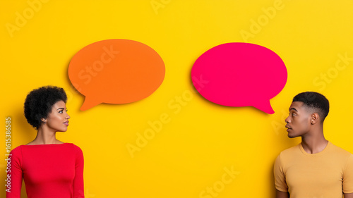 Two people facing each other with colorful speech bubbles on vibrant yellow background, symbolizing communication and connection. scene is lively and engaging