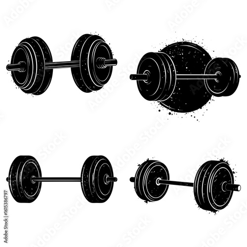 Illustration of four black and white barbells in different orientations and styles on white