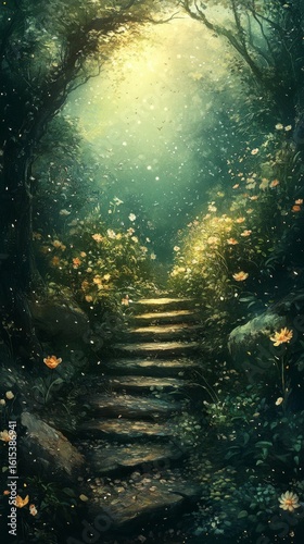 Walking Up Stone Steps in a Mystical Forest with Glowing Light
