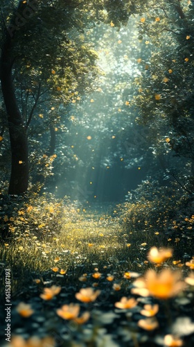 Walking in Forest Path with Sunbeams and Wildflowers