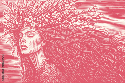 A beautiful woman with a wreath of blossoming branches. Vector illustration in a vintage, hand-drawn woodcut or linocut printmaking style.