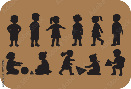 Diverse group of children in silhouette engaged in various playful activities showcasing childhood innocence and imagination on a warm brown background