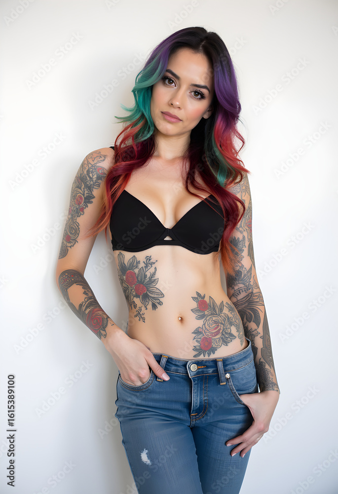 Close-Up of Tattooed Girl with Neon Hair and Seductive Look Close-Up of Tattooed Girl with Neon Hair and Seductive Look