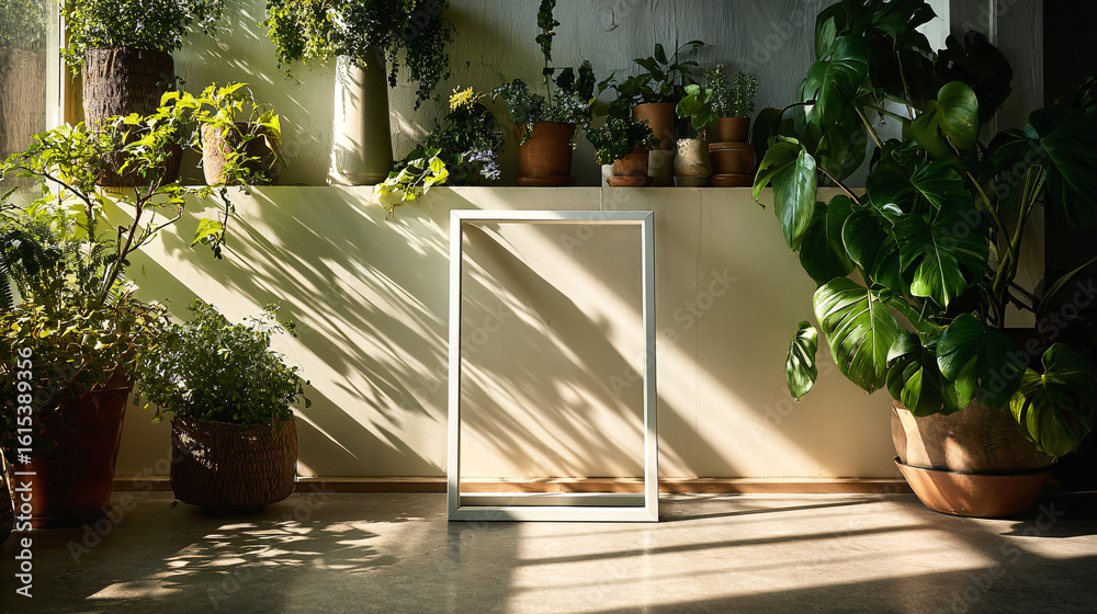 Fototapeta premium Sunlit Botanical Sanctuary: An array of potted plants basks in the warm embrace of sunlight, creating a serene sanctuary of nature and life.
