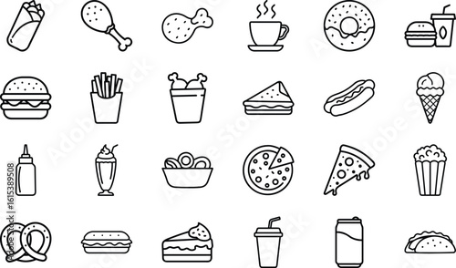 Fast Food Line Icons – Burgers, Pizza, Fries, Drinks, Desserts – Vector Set for Menus & Mobile Apps