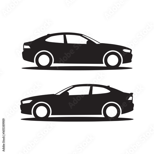 Two black car silhouettes side view with white wheels on white background automobile vehicle