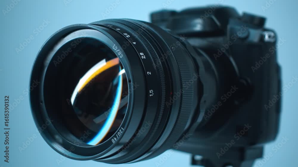 A professional camera on a tripod with an expensive lens with an aperture of 1.5 and a focal length of 85 mm, in which reflects the moving linear light. Closeup. Macro