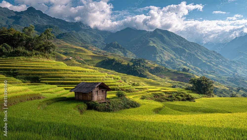 Mountainous rice terraces, small wooden hut Mountainous rice terraces, small wooden hut