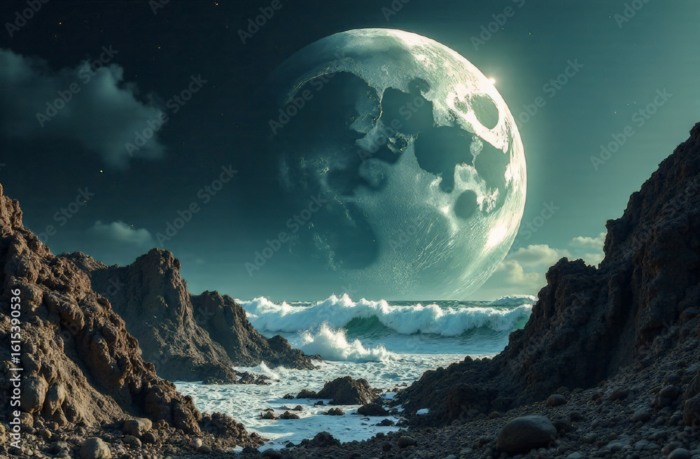 Obraz premium close-up of the moon against the background of waves near a rocky shore. cyclical phases of the moon and its influence on nature