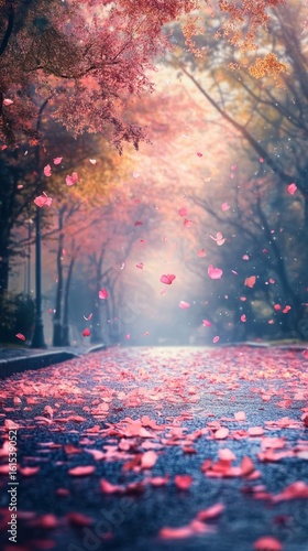 Falling Petals on Road with Trees in Background