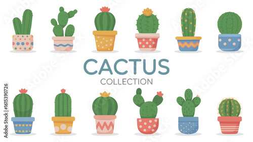 A flat, minimalist illustration of 10 different cactus plants arranged in two rows.  