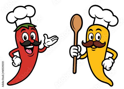 Red and yellow chili pepper mascots with chef hats