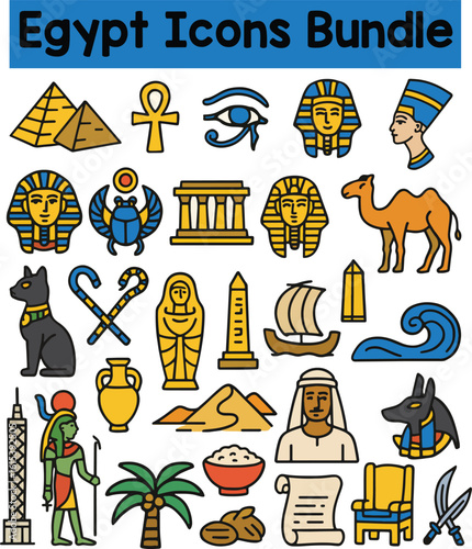 Set of Colorful Egypt icons. Doodle style icon vector bundle.eps