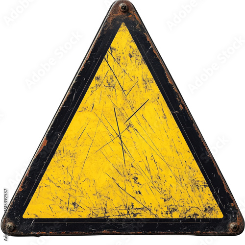 Old yellow warning triangle sign isolated on transparent background