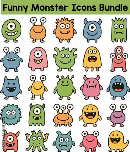 Set of Colorful funny monster icons. Doodle style icon vector bundle.eps