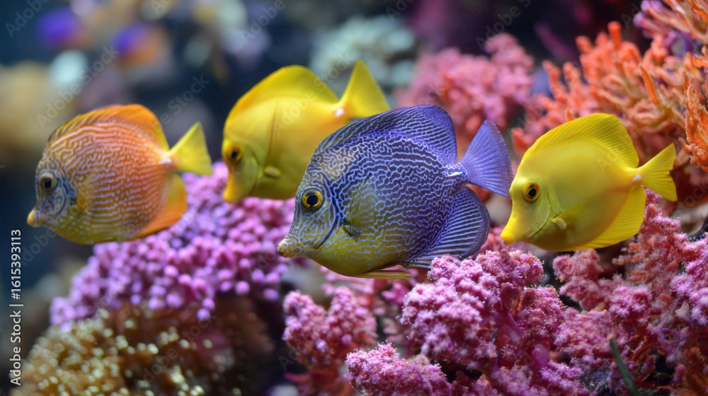 Obraz premium Vivid Aquarium Scene Featuring Colorful Tropical Fish Swimming Among Vibrant Coral Reefs in an Aquatic Habitat