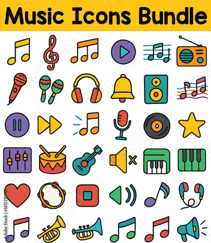 Set of Colorful music icons. Doodle style icon vector bundle.eps