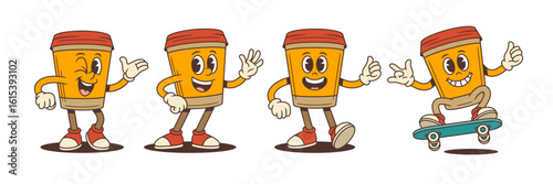 Cartoon coffee mascots with dynamic poses like waving, skating, walking and smiling. Ideal for beverage branding, advertising, stickers or youth campaigns. Colorful and expressive vector illustration