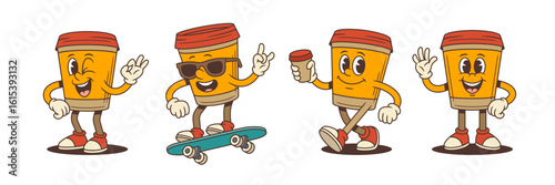 Smiling coffee mascots with sunglasses, waves, peace signs, and energetic stances perfect for branding, youth promotions, and fun summer content. Vector illustration