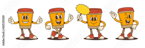Playful coffee cup characters showing thumbs up, peace signs, and holding blank signs with cheerful expressions. Ideal for coffee branding, promotions, and fun digital content. Vector illustration