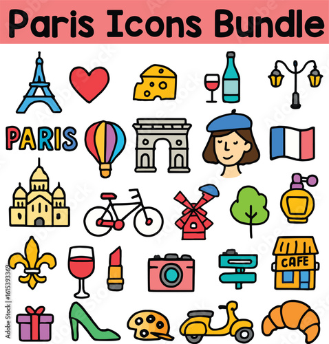 Set of Colorful Paris icons. Doodle style icon vector bundle.eps