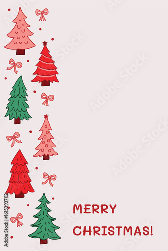 Pink Christmas hand drawn holiday card with cartoon trees and ribbons