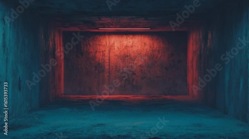 Red and blue neon lighting in an abandoned industrial hallway.