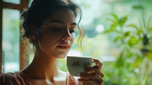A woman sipping coffee in a tranquil setting, exuding calm and introspection.