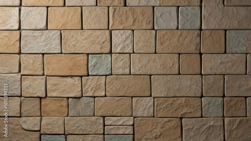 Wallpaper Mural A close up of a textured wall made of light brown and beige rectangular stones in a brick pattern Torontodigital.ca