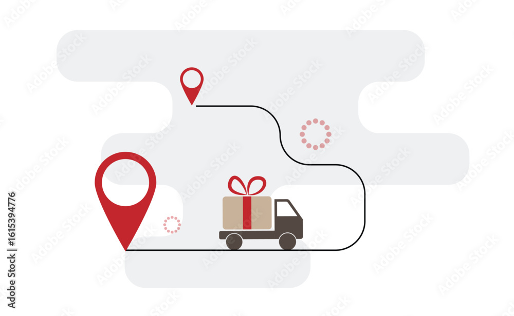 Fototapeta premium Truck Parcel Delivery Service Idea with Location Markers. Delivering goods to clients and postal services vector art