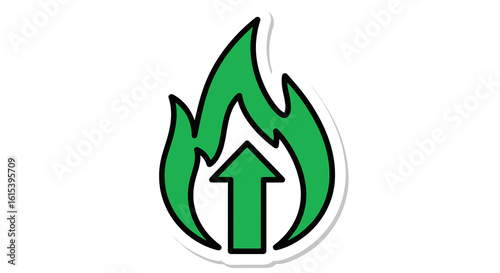 Green flame up arrow illustration, energy concept, isolated sticker design on white background