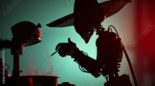 Futuristic robot character with a red cloak in a dark and dramatic setting.