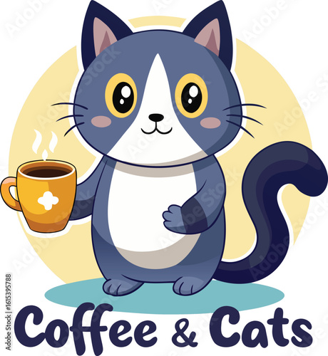 A cute cartoon cat, a funny illustration of a domestic feline character, with big eyes and a playful tail