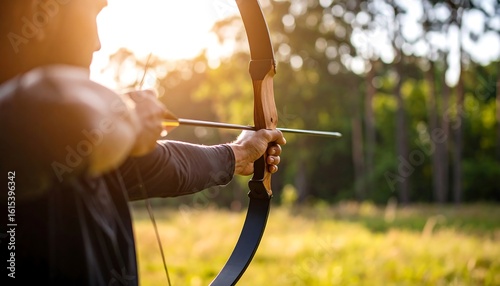 Determined Archer Aiming Bow and Arrow at Sunset