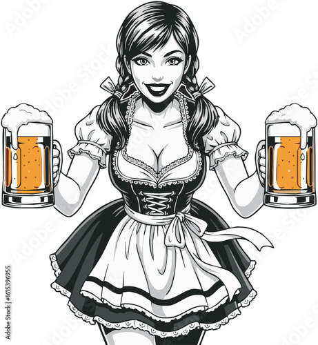 A smiling woman in a traditional dirndl dress holds two large mugs of foamy beer.
