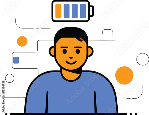 Man with low battery symbol above head energy power