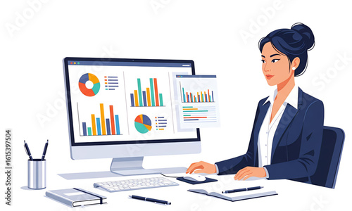 Woman Using Laptop at Home Office, Digital Illustration, Minimalist Environment