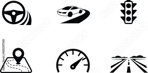 Driving and transportation icons steering wheel road