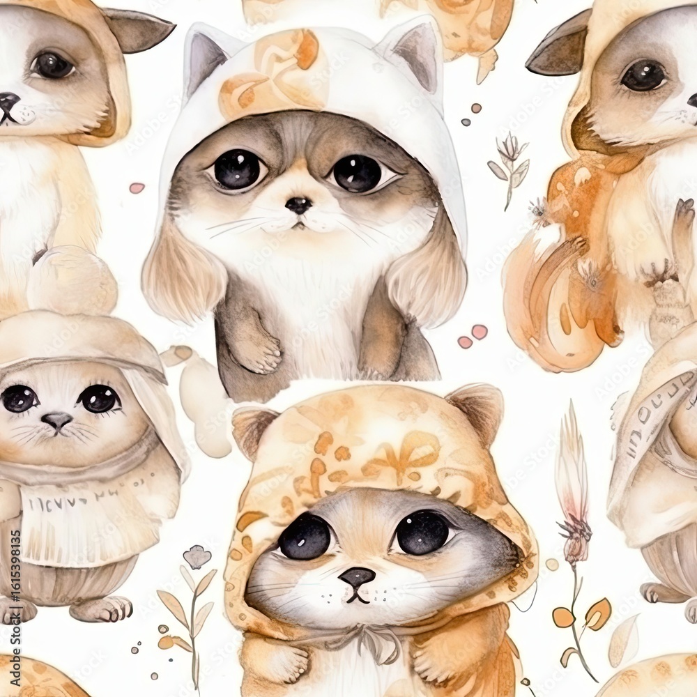 Fototapeta premium Adorable watercolor seamless pattern with cute animals in hoods 