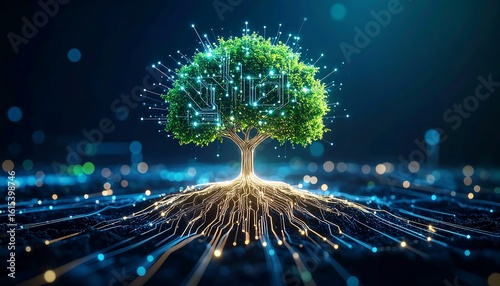 Digital Growth: Sustainable AI Tree with Glowing Circuit Roots