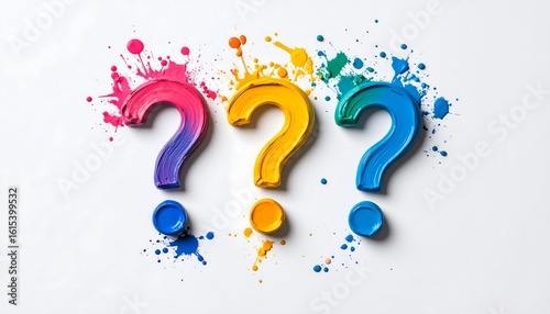Colorful question marks in vibrant paint splashes on a white canvas during an artistic creation