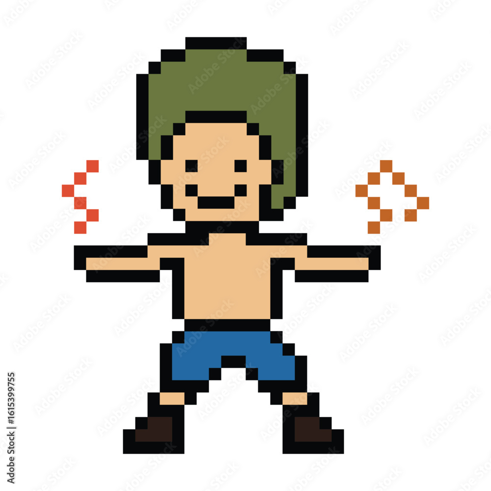 Obraz premium Cartoon pixel art character man exercises training aerobic dance lifestyle music decoration life style 8 bit male boy dance with music game 8bit fitness isolated PNG vector.