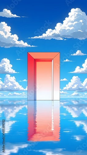 Dreamy anime landscape with portal to another world and blue sky with clouds reflection art