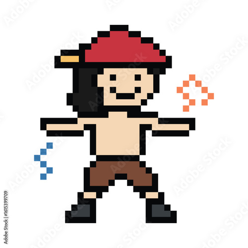 Cartoon pixel art character man exercises training aerobic dance lifestyle music decoration life style 8 bit male boy dance with music game 8bit fitness isolated PNG vector.