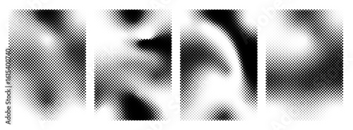 Halftone backgrounds set. Collection of rectangles banner with noise gradient stipple dots pattern. Grunge halftone gradient vector texture set of silver