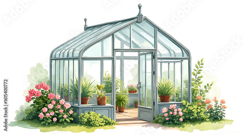 Beautiful glass greenhouse with blooming flowers and potted plants for gardening