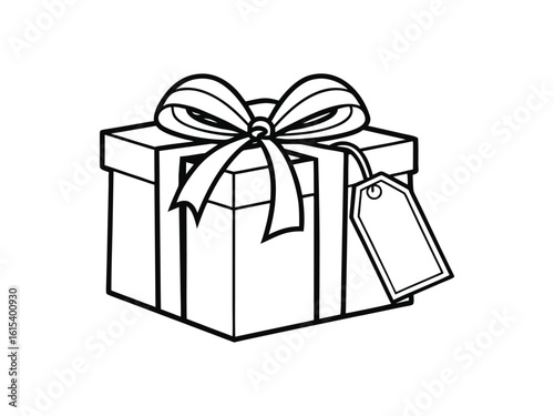 Elegant gift box silhouette with tag, minimalist design. Black silhouette gift box with ribbon and price tag flat vector for holiday sales, online shopping ads, Black Friday promotions