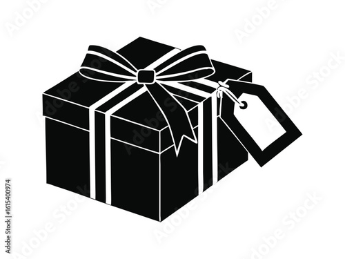 Elegant gift box silhouette with tag, minimalist design. Black silhouette gift box with ribbon and price tag flat vector for holiday sales, online shopping ads, Black Friday promotions