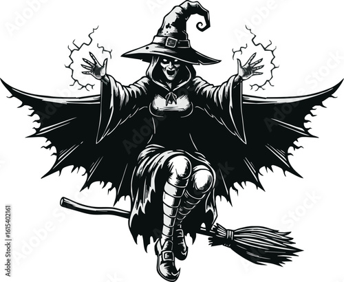 A sinister witch with a skeletal face and bat-like wings casts a spell while riding a broomstick.